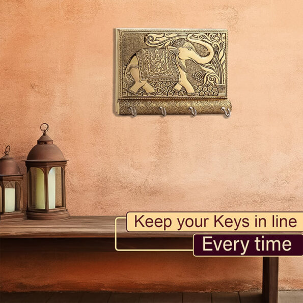 Wooden Key Holder for Home Decor Stylish Metal Gold Antique Elephant Design (1 Pc) 6
