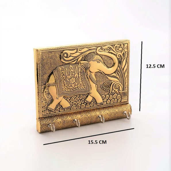 Wooden Key Holder for Home Decor Stylish Metal Gold Antique Elephant Design (1 Pc) 4
