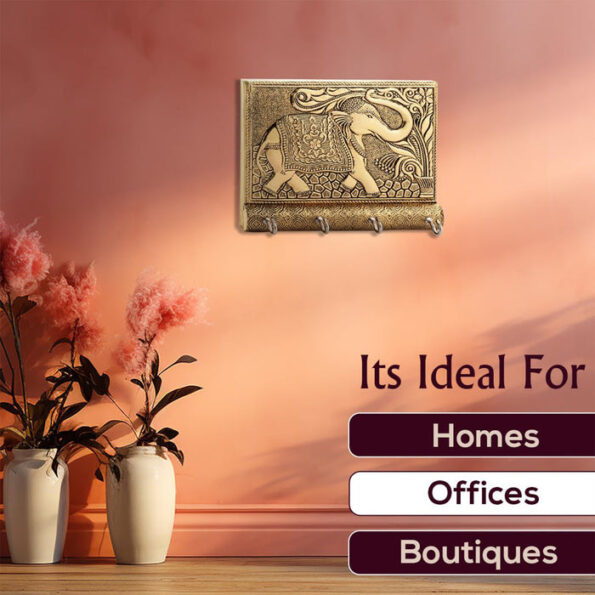 Wooden Key Holder for Home Decor Stylish Metal Gold Antique Elephant Design (1 Pc) 5