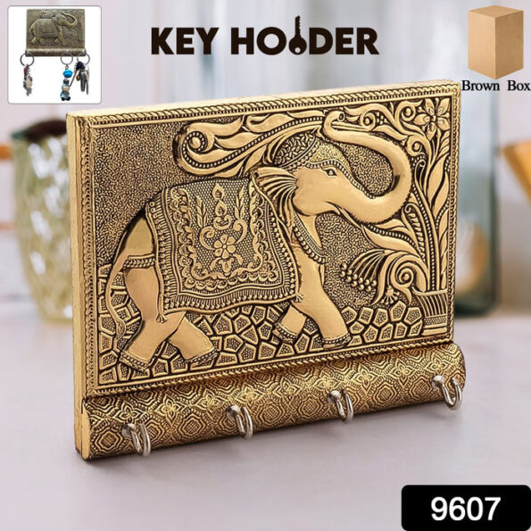 Wooden Key Holder for Home Decor Stylish Metal Gold Antique Elephant Design (1 Pc) 2