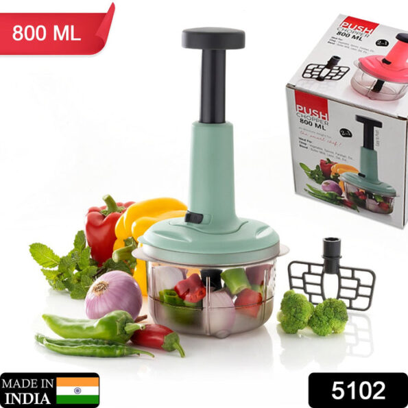 2in1 push chopper 800ml Stainless Steel Blade Quick & Powerful Manual Hand Held Food Chopper to Chop & Cut Fruits, Vegetables, Herbs, Onions for Salsa, Salad 2