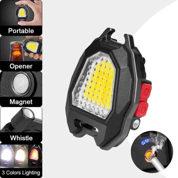 Portable Triangular Shaped Emergency& Camping Flashlight With Cigarette Lighter Lumens Rechargeable Waterproof Portable Led Light Camping Keychain 6Lighting Modes With Strong Magnet 3 Color Lighting For Travel, Camping Walking 5