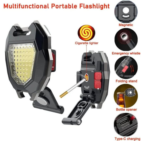 Portable Triangular Shaped Emergency& Camping Flashlight With Cigarette Lighter Lumens Rechargeable Waterproof Portable Led Light Camping Keychain 6Lighting Modes With Strong Magnet 3 Color Lighting For Travel, Camping Walking 6